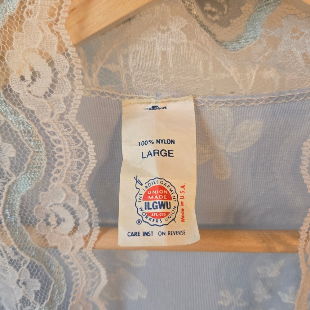 Vintage 60s Robe Womens Large Light Blue Floral Butterfly Lace Duster Peignoir‎ - Picture 3 of 7